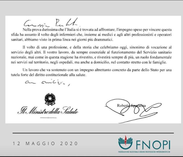 Il ministro Speranza scrive agli infermieri in occasione del #12 maggio